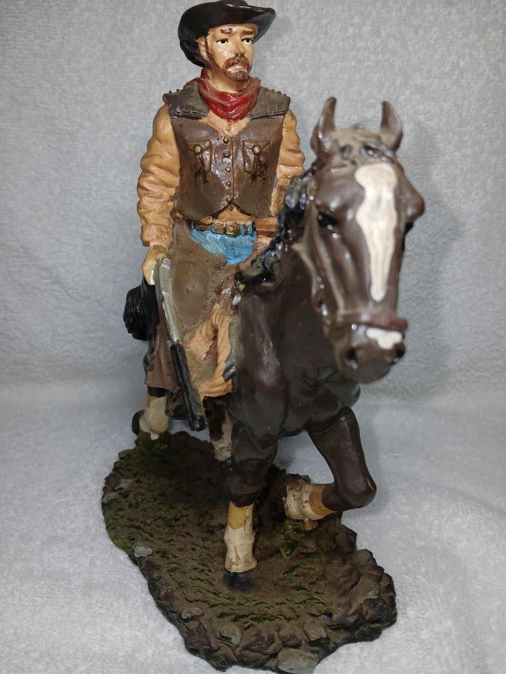 Hand-Painted Cowboy on Horse Figurine - Brown and Tan